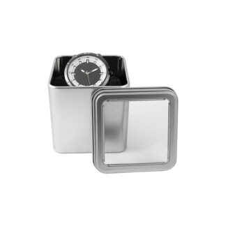 Estuche metálico cuadrado con ventana en tapa.